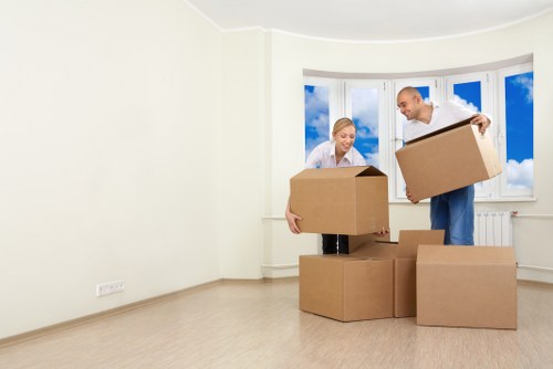 Packed boxes and furniture prepared for transport in East London