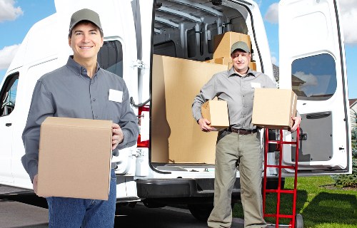Packed office equipment ready for transport during an Old Ford move